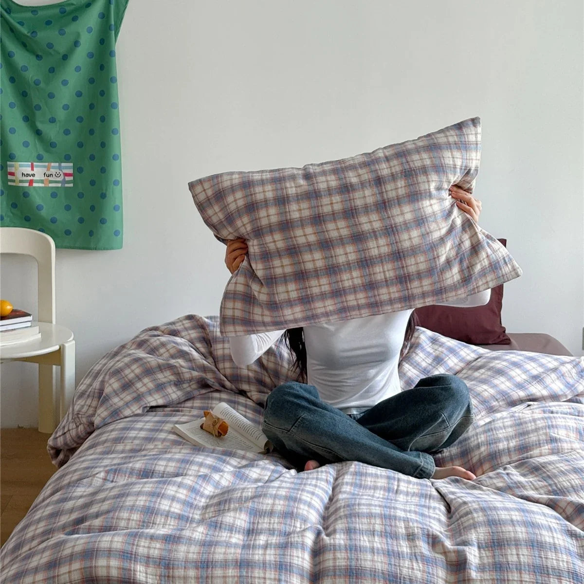 Duvet Cover Set Breathable Cotton Muslin Pastel Check
