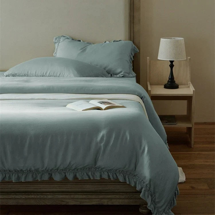 Duvet Cover Set Breathable Cotton Percale Ruffle Edge