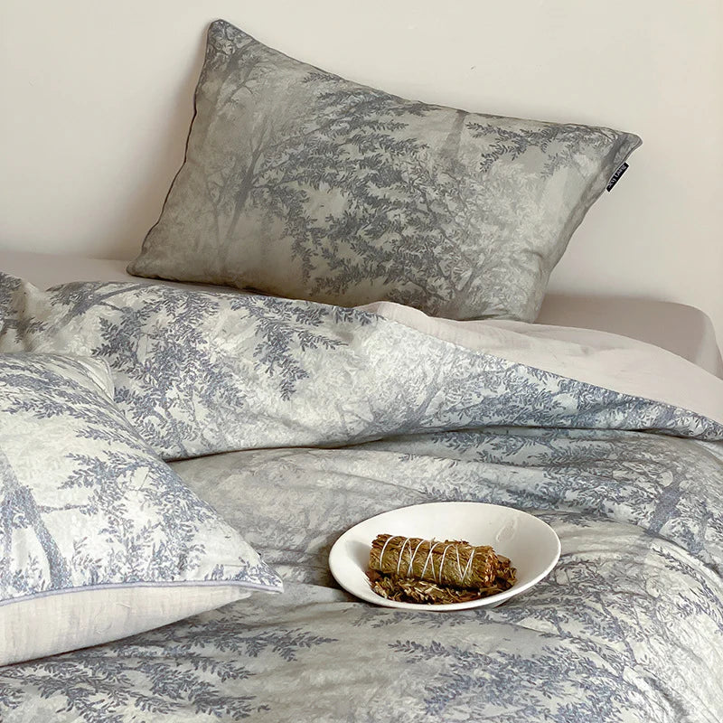 Duvet Cover Set Breathable Cotton Satin Botanical Print 4-Piece
