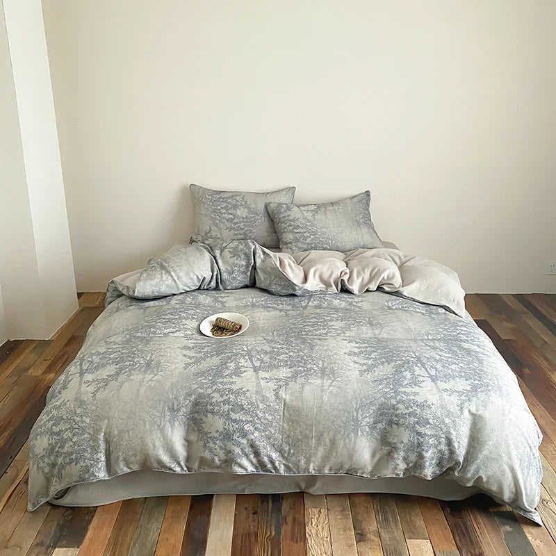 Duvet Cover Set Breathable Cotton Satin Botanical Print 4-Piece