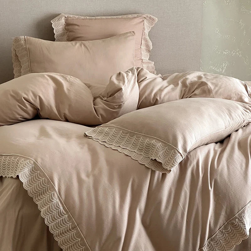 Duvet Cover Set Breathable Cotton Satin & Lace Trim