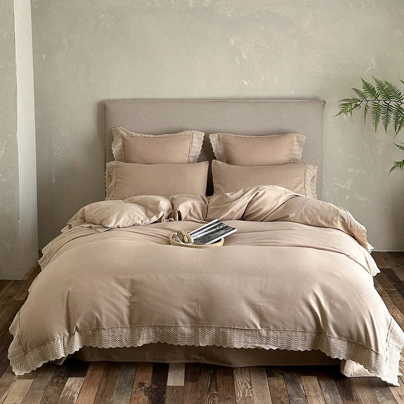Duvet Cover Set Breathable Cotton Satin & Lace Trim
