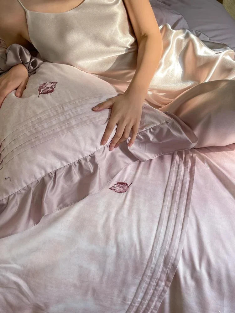 Duvet Cover Set Breathable Cotton Satin Leaf Embroidery