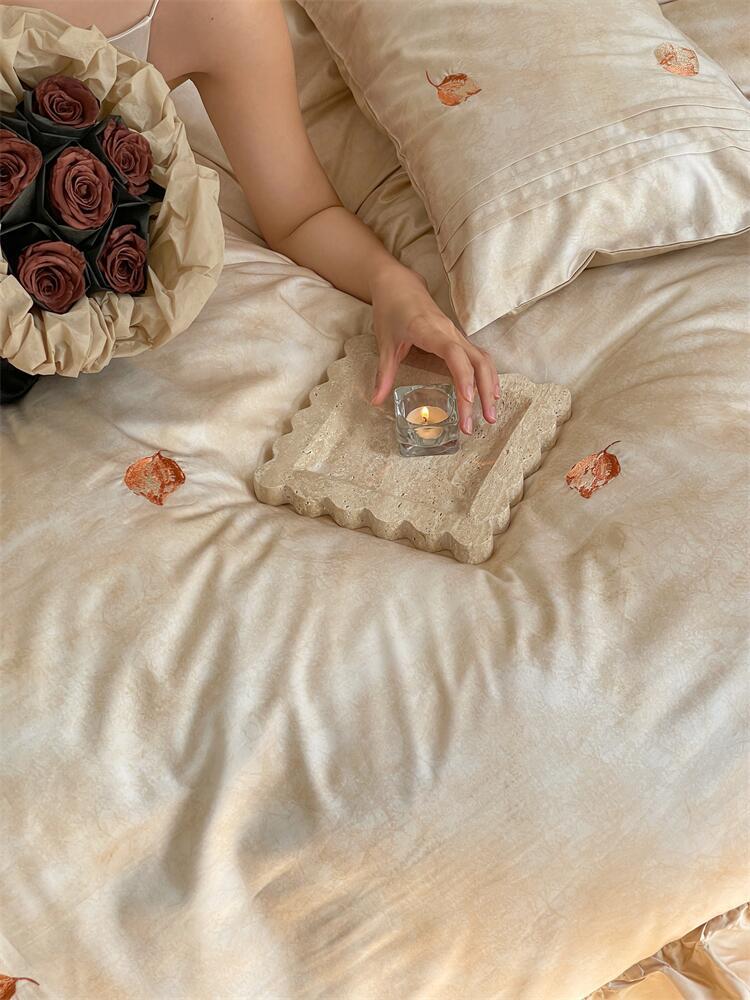 Duvet Cover Set Breathable Cotton Satin Leaf Embroidery