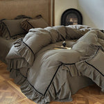Duvet Cover Set Breathable Linen-Look Cotton Ruffled Hem