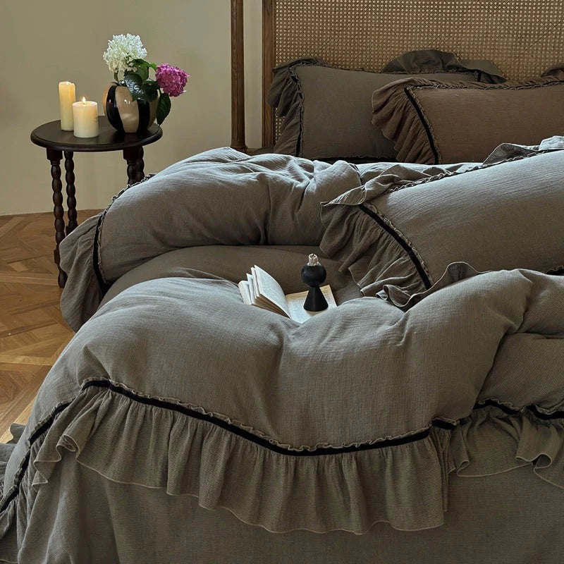 Duvet Cover Set Breathable Linen-Look Cotton Ruffled Hem