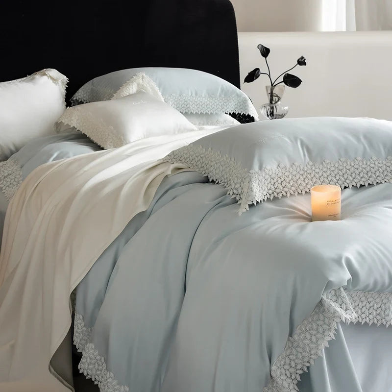 Duvet Cover Set Breathable Satin Crochet Lace Pillowcases Included