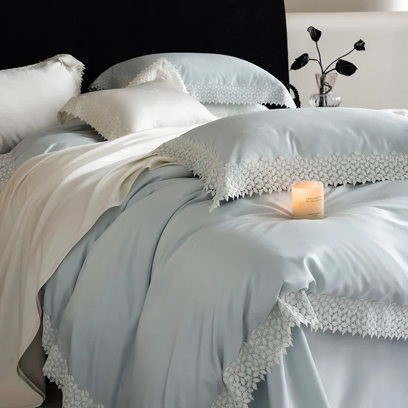 Duvet Cover Set Breathable Satin Crochet Lace Pillowcases Included