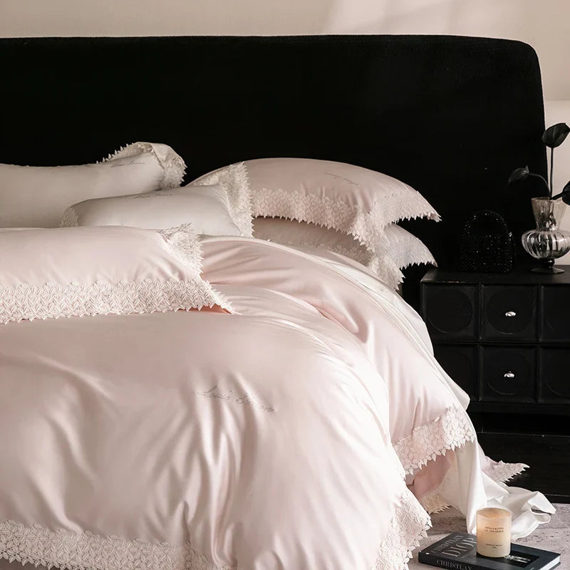 Duvet Cover Set Breathable Satin Crochet Lace Pillowcases Included