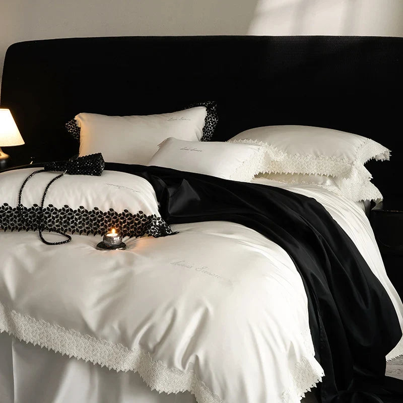 Duvet Cover Set Breathable Satin Crochet Lace Pillowcases Included