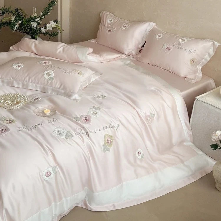 Duvet Cover Set Breathable Satin Rose Embroidery 4-Piece