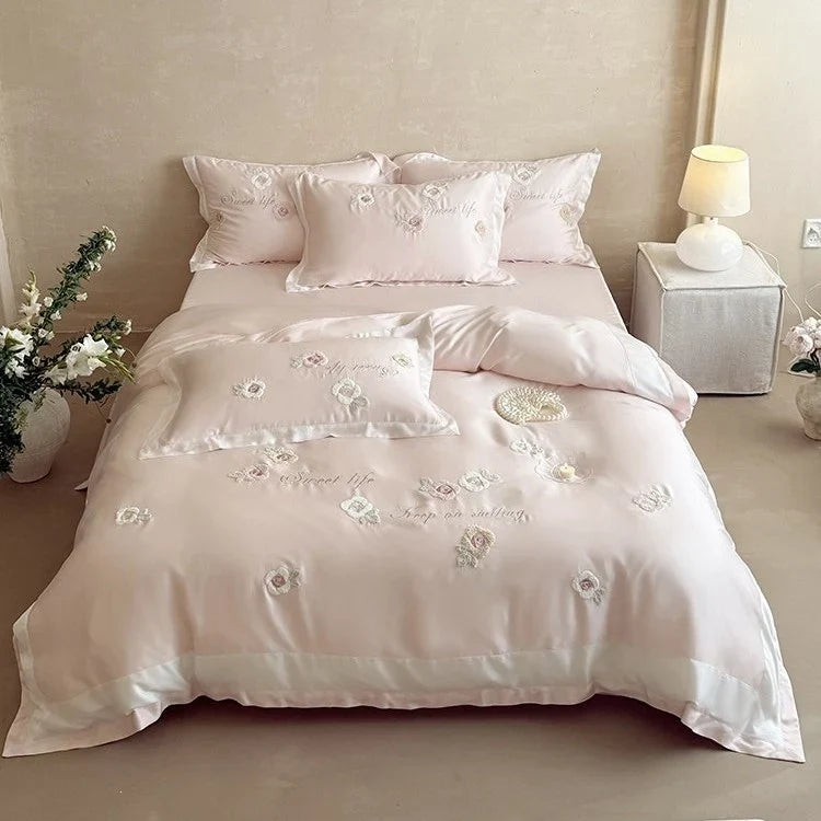 Duvet Cover Set Breathable Satin Rose Embroidery 4-Piece