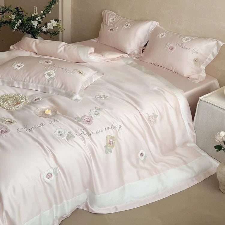 Duvet Cover Set Breathable Satin Rose Embroidery 4-Piece