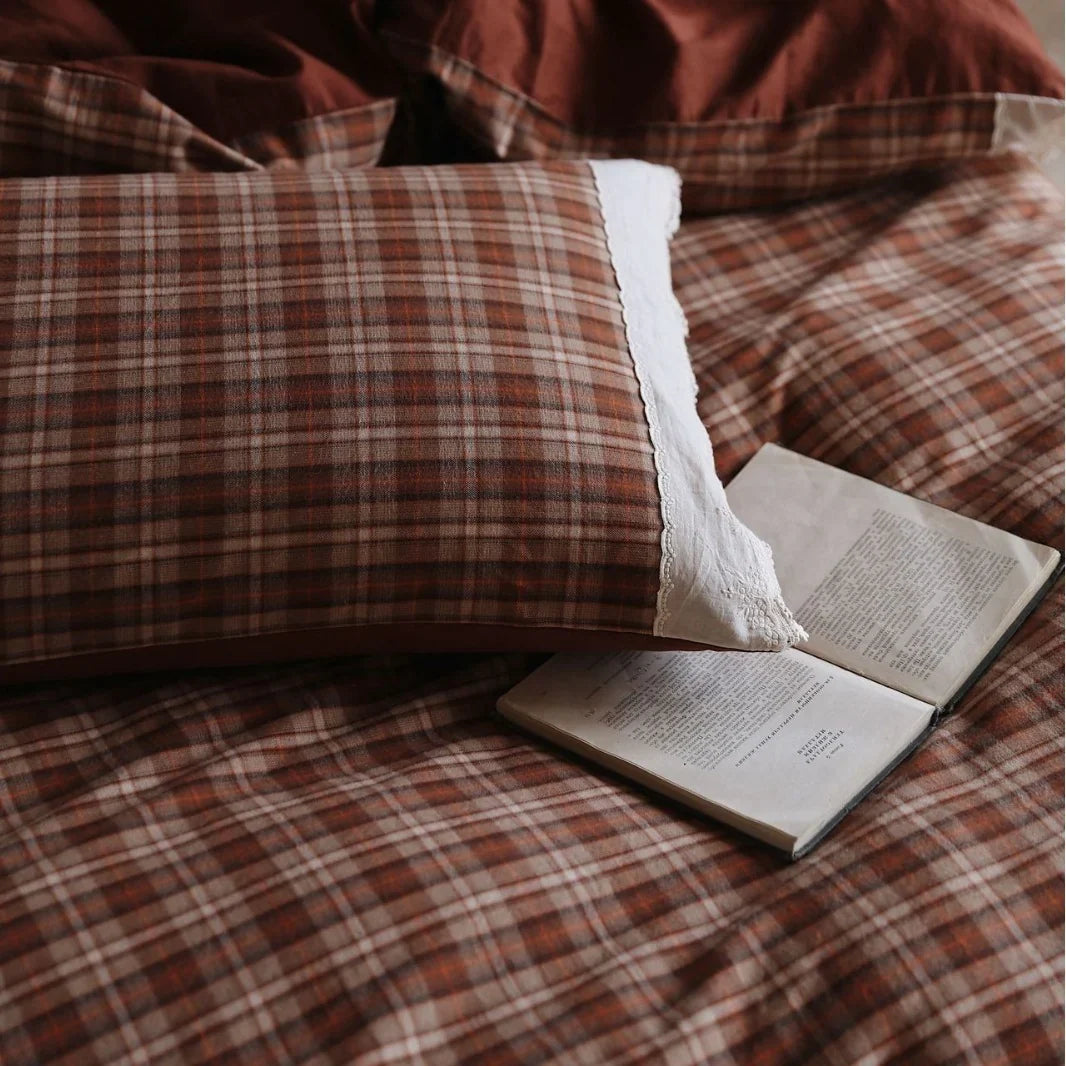 Duvet Cover Set Checked Cotton Reversible Lace Trim