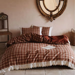 Duvet Cover Set Checked Cotton Reversible Lace Trim