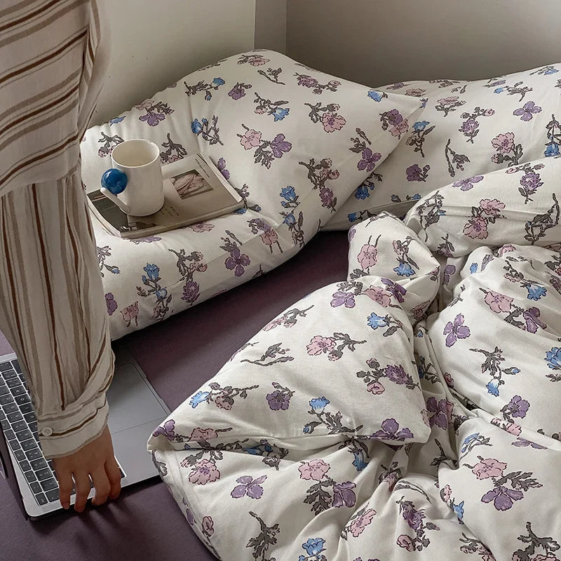 Duvet Cover Set Cooling Cotton Percale Watercolor Floral