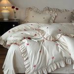 Duvet Cover Set Cotton-Blend Satin-Like Embroidered Bows Ruffled Trim
