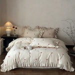 Duvet Cover Set Cotton-Blend Satin-Like Embroidered Bows Ruffled Trim