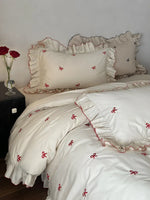 Duvet Cover Set Cotton-Blend Satin-Like Embroidered Bows Ruffled Trim