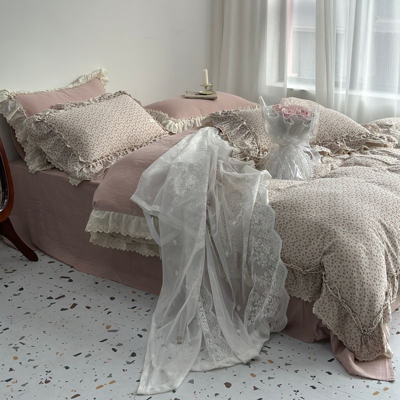 Duvet Cover Set Cotton Cambric Breathable Ruffled Lace