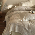 Duvet Cover Set Cotton-Linen Blend Floral Embroidery Lace Trim