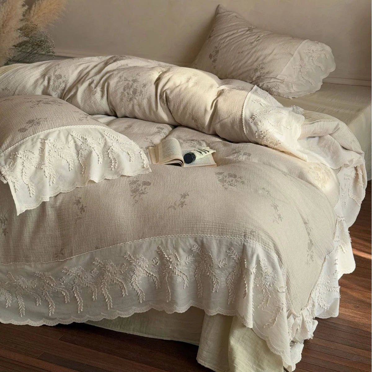Duvet Cover Set Cotton-Linen Blend Floral Embroidery Lace Trim