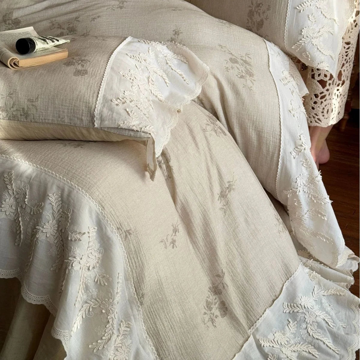 Duvet Cover Set Cotton-Linen Blend Floral Embroidery Lace Trim