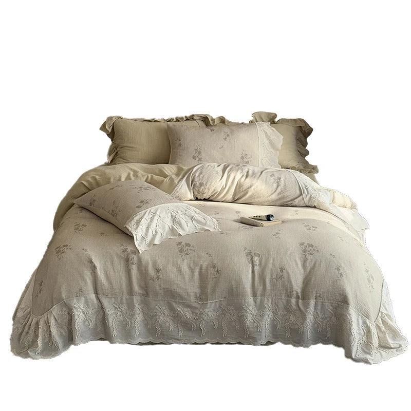 Duvet Cover Set Cotton-Linen Blend Floral Embroidery Lace Trim