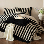 Duvet Cover Set Cotton-Linen Blend Striped Ruffle Four-Piece