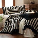 Duvet Cover Set Cotton-Linen Blend Striped Ruffle Four-Piece