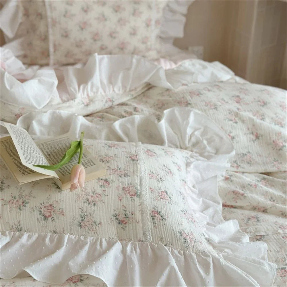 Duvet Cover Set Cotton-Linen Breathable Floral & Double Ruffle