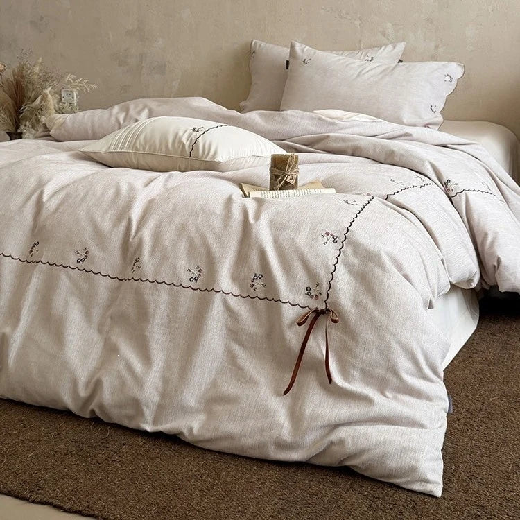 Duvet Cover Set Cotton-Linen Breathable Floral Embroidery