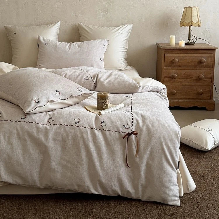 Duvet Cover Set Cotton-Linen Breathable Floral Embroidery