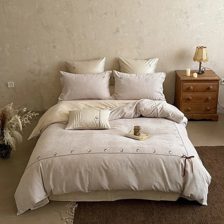Duvet Cover Set Cotton-Linen Breathable Floral Embroidery