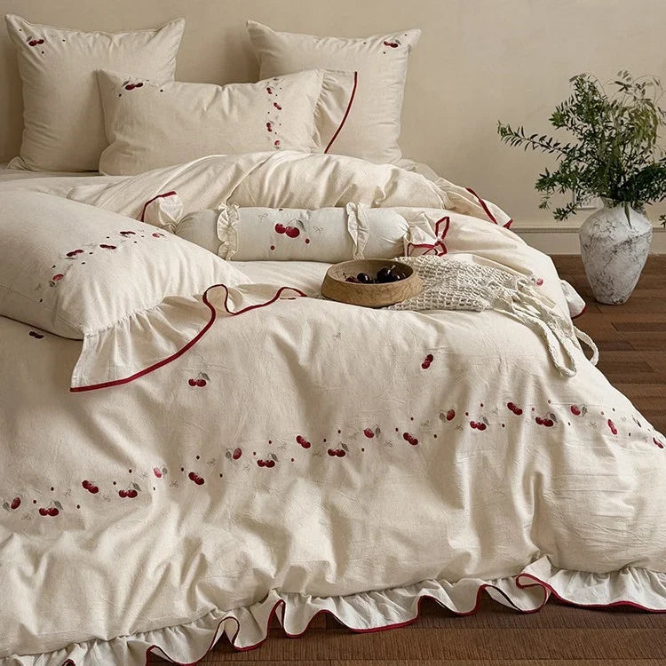 Duvet Cover Set Cotton-Linen Embroidered Cherry & Ruffle 4-Piece