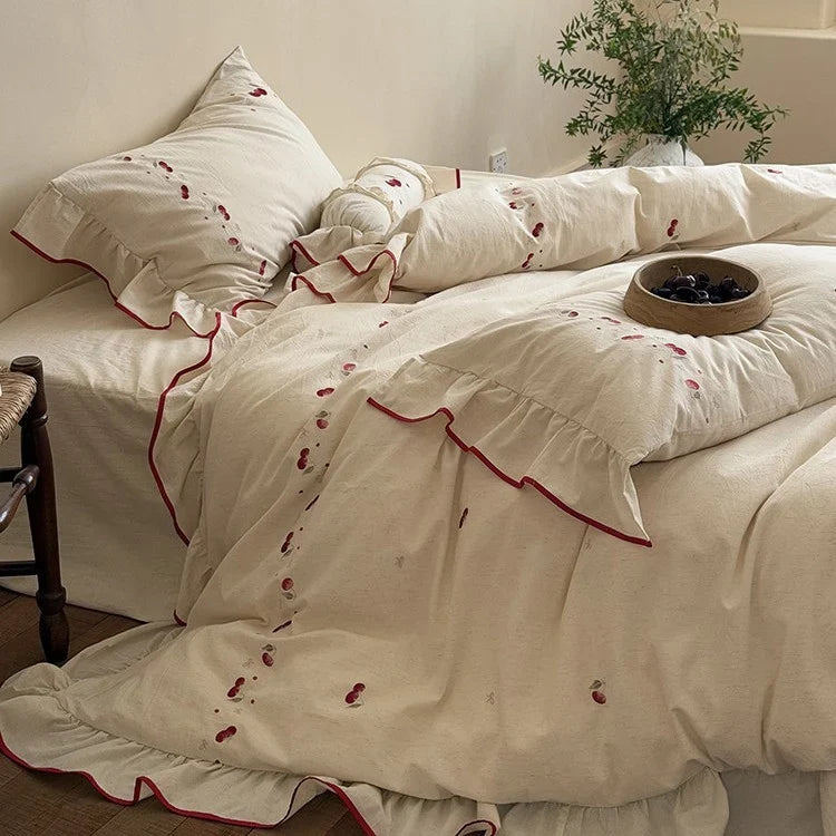 Duvet Cover Set Cotton-Linen Embroidered Cherry & Ruffle 4-Piece