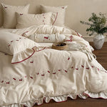 Duvet Cover Set Cotton-Linen Embroidered Cherry & Ruffle 4-Piece