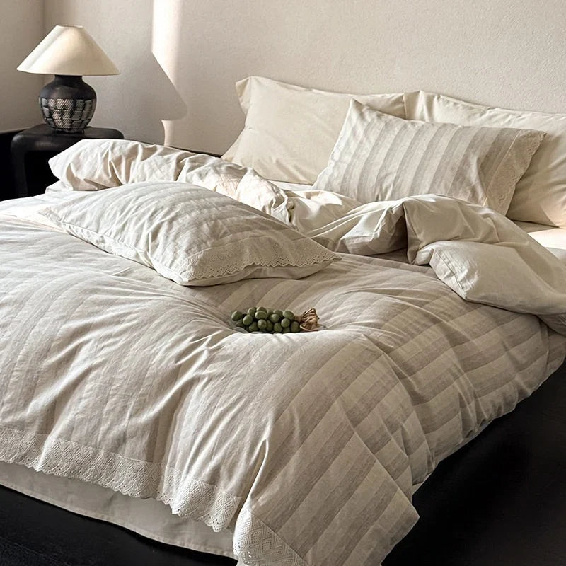 Duvet Cover Set Cotton-Linen Fine Stripe & Lace Hem