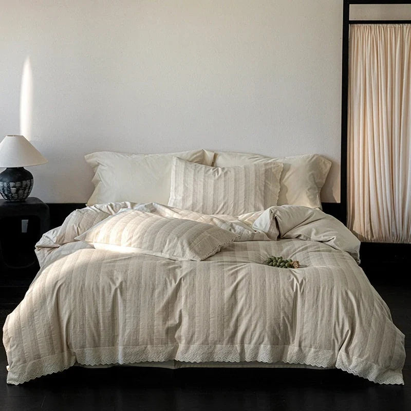 Duvet Cover Set Cotton-Linen Fine Stripe & Lace Hem