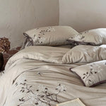 Duvet Cover Set Cotton-Linen Floral Embroidery Tied Pillowcases