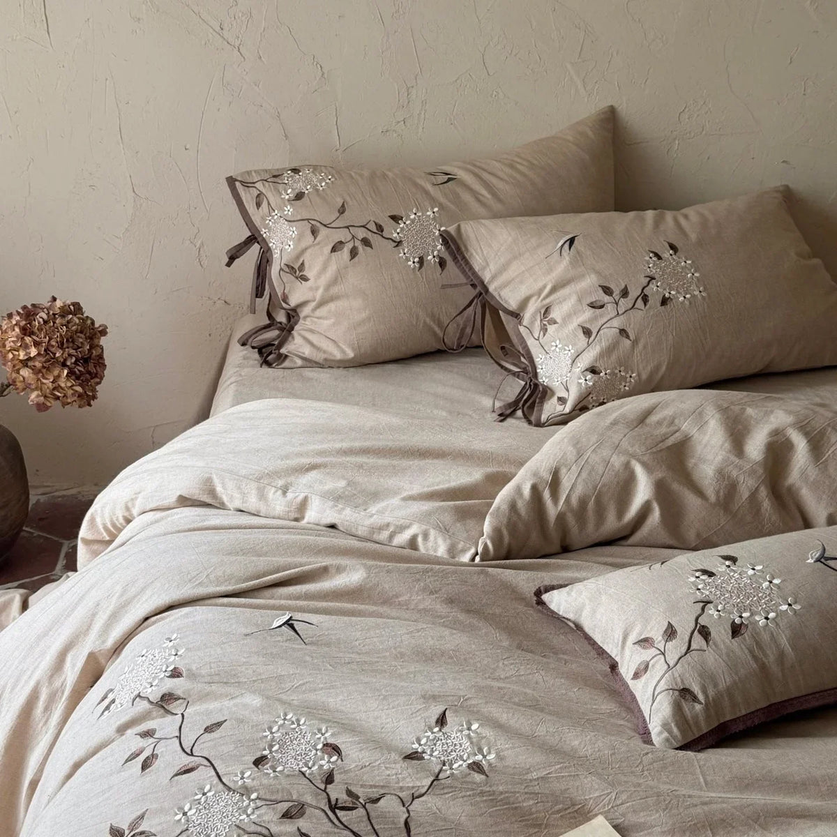 Duvet Cover Set Cotton-Linen Floral Embroidery Tied Pillowcases