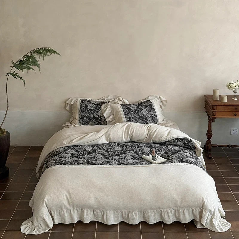 Duvet Cover Set Cotton-Linen Jacquard Floral 4-Piece