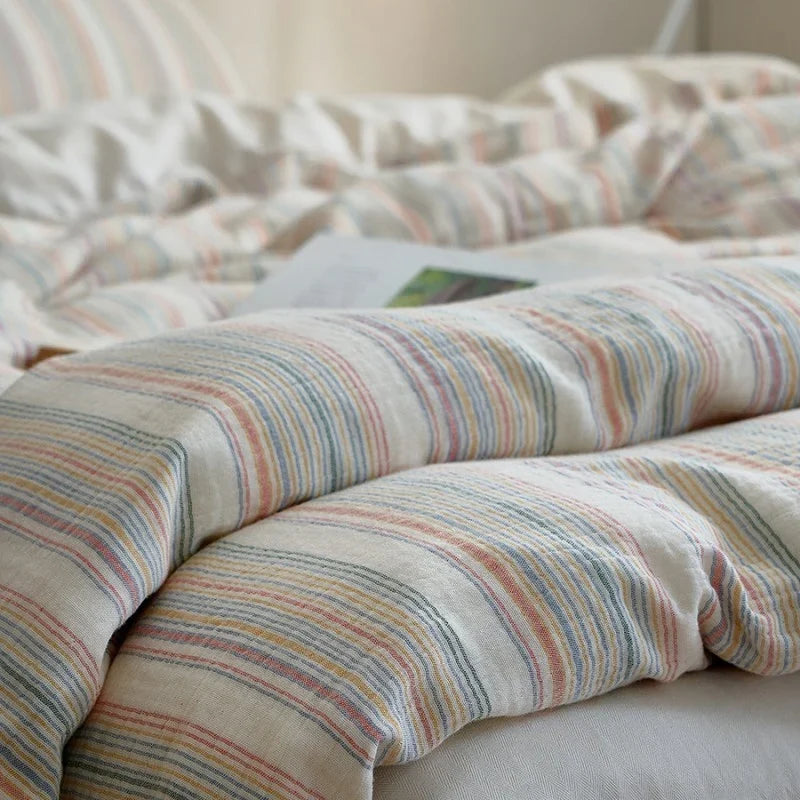 Duvet Cover Set Cotton-Linen Quilted Stripes 4 Piece