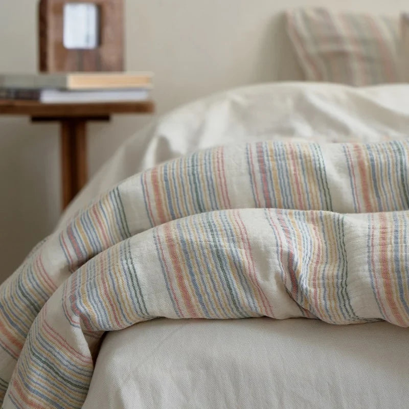 Duvet Cover Set Cotton-Linen Quilted Stripes 4 Piece