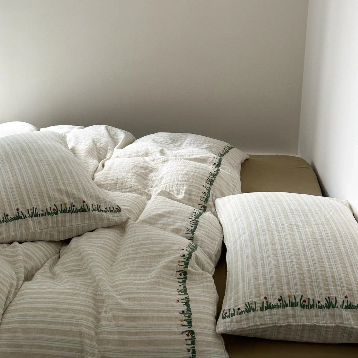 Duvet Cover Set Cotton-Linen Washed Crinkle Embroidered Border