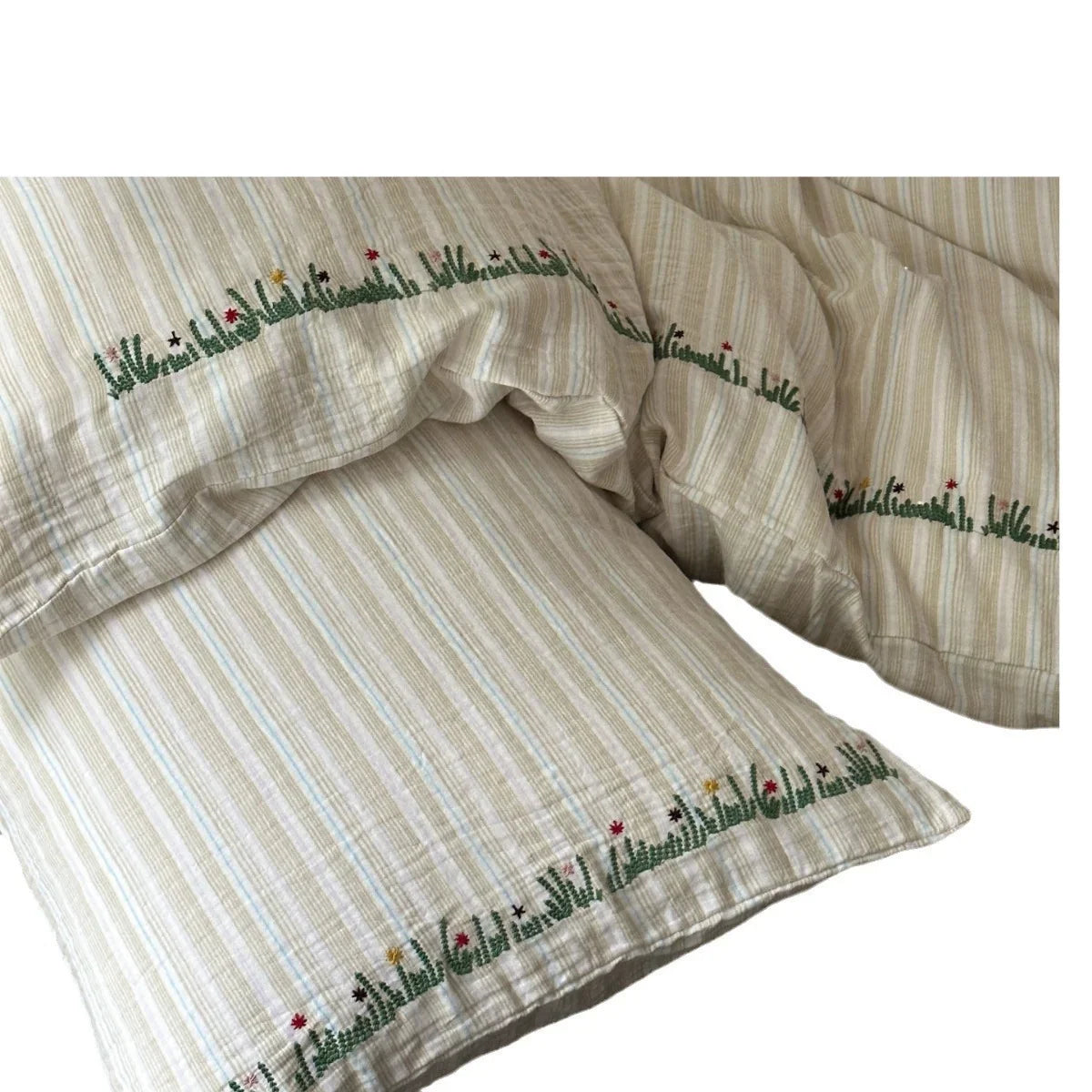 Duvet Cover Set Cotton-Linen Washed Crinkle Embroidered Border