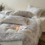 Duvet Cover Set Cotton Percale Botanical Print Lace Trim