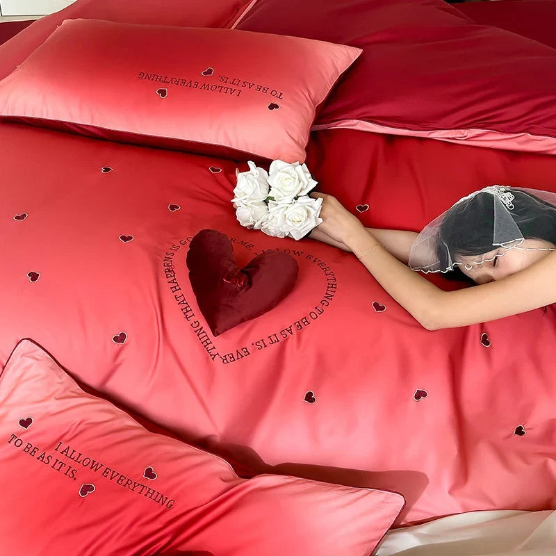 Duvet Cover Set Cotton Percale Reversible 3D Heart Applique