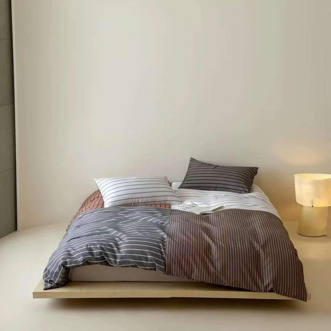 Duvet Cover Set Cotton Percale Reversible Block & Stripe