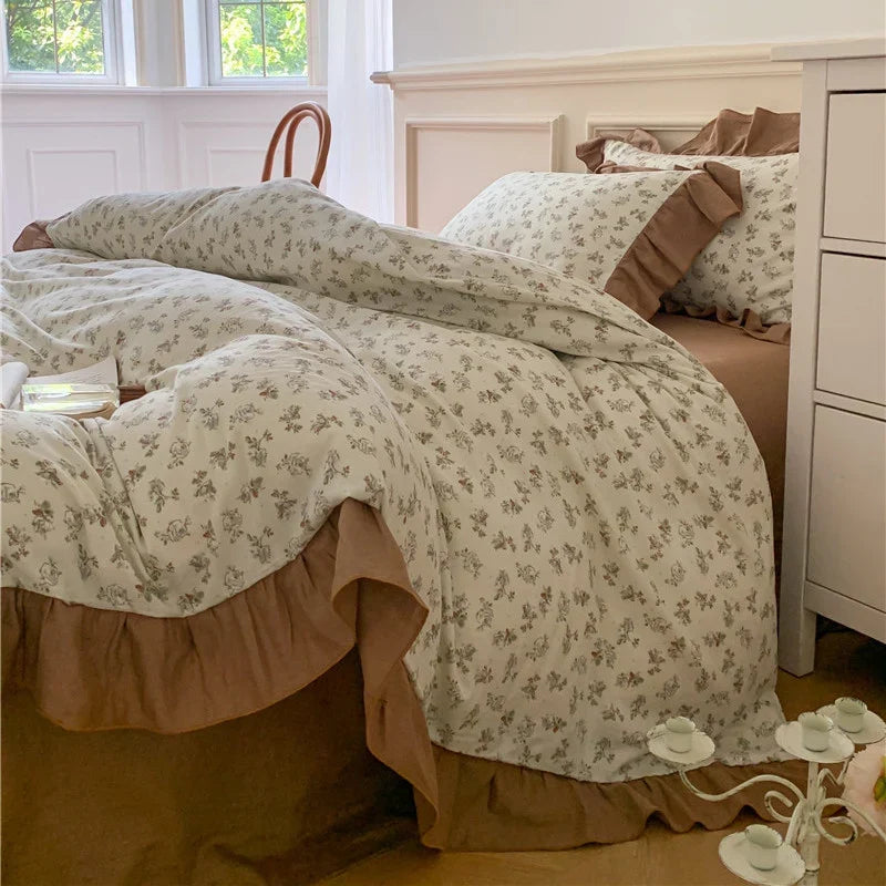 Duvet Cover Set Cotton Percale Reversible Floral & Ruffle Trim